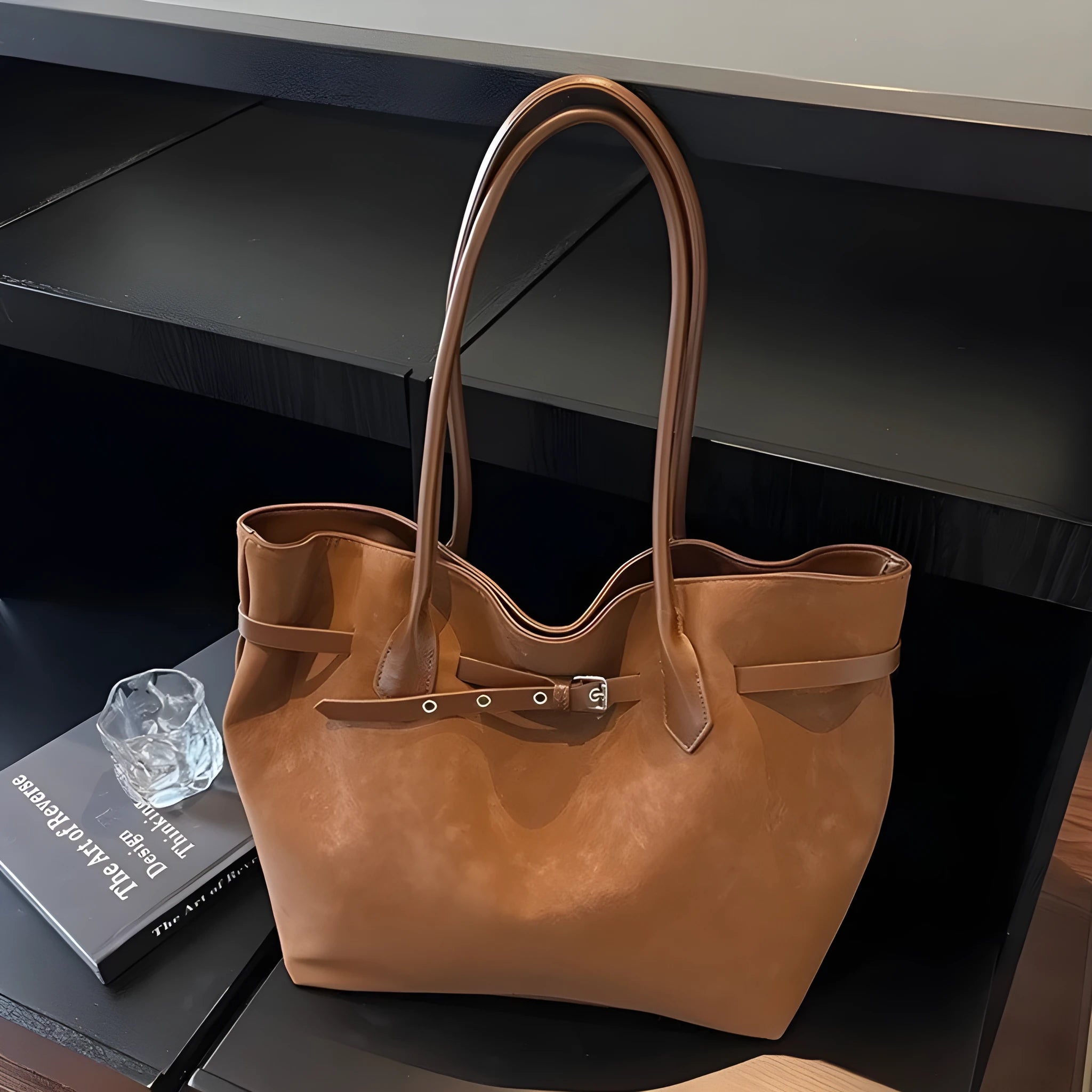 Retro deerskin velvet large tote bag for women, 46x15x31cm, black with sandwich pocket