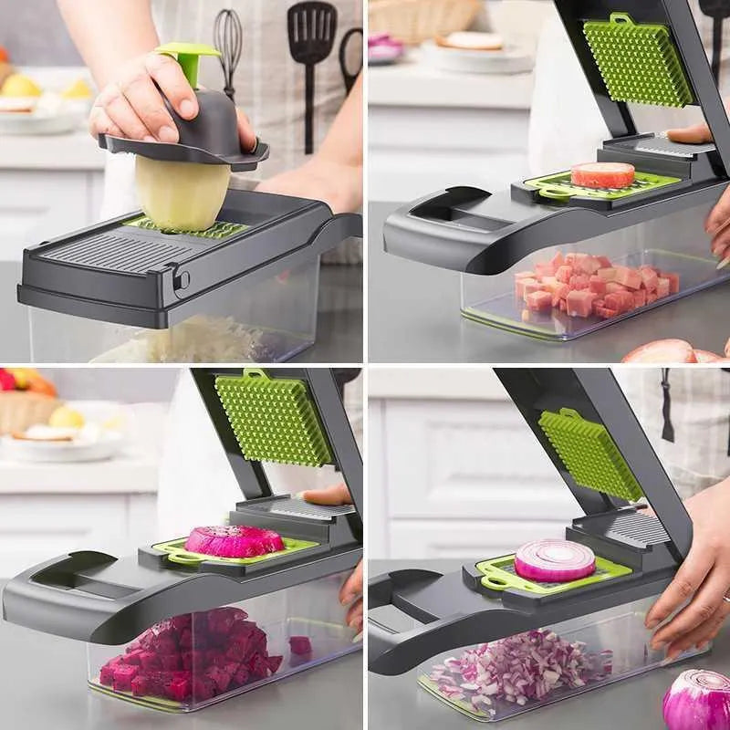 Grey stainless steel vegetable cutter with multiple blades and accessories on kitchen work surface