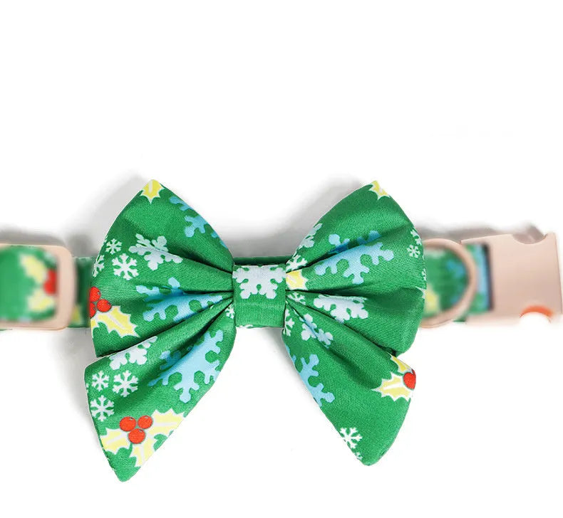 Pure cotton dog necklace with removable red bow tie on a light background showing size options