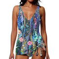 Women's printed triangle bikini swimsuit set in spandex with backless design.