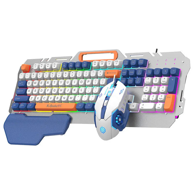 Blue wired gaming keyboard and mouse set with LED backlight on a desk