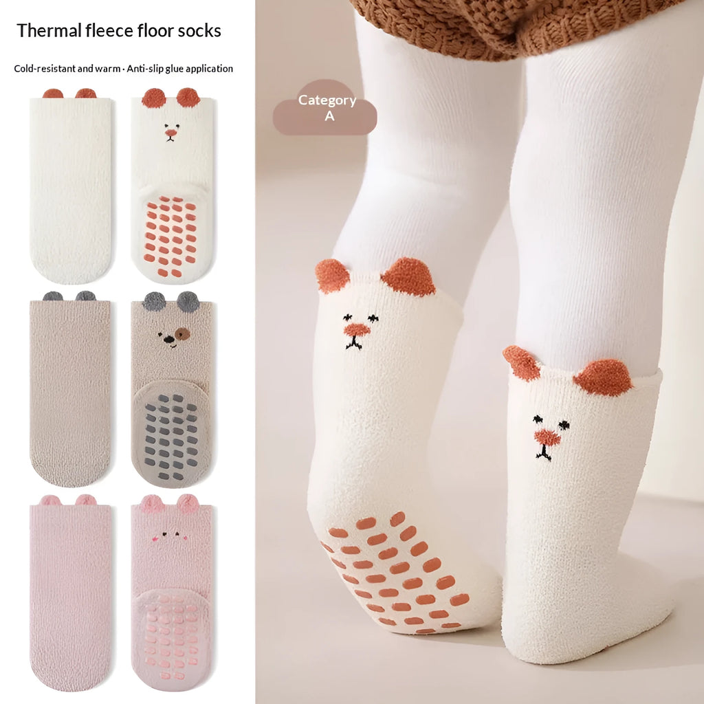 Children cartoon fleece-lined thickened winter home socks mid-calf polyester unisex pink colour