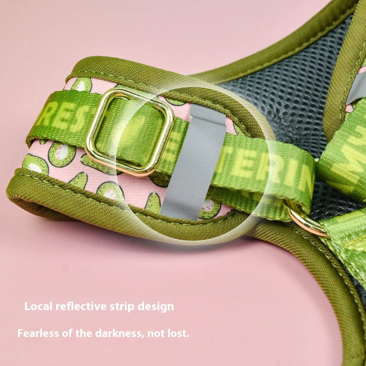 Adjustable polyester dog breast strap harness in Pink Avocado colour on a wooden surface