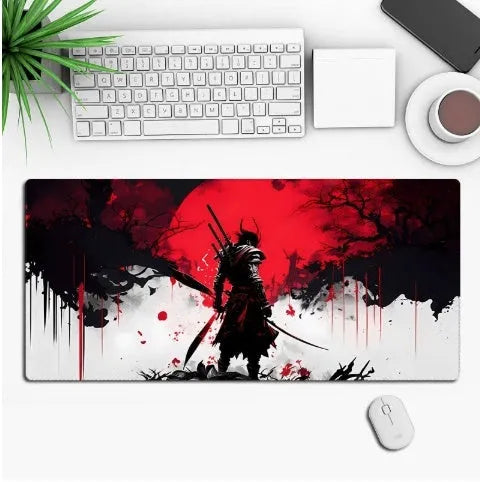 Large black anime-themed gaming mouse pad with non-slip rubber base on a wooden desk.