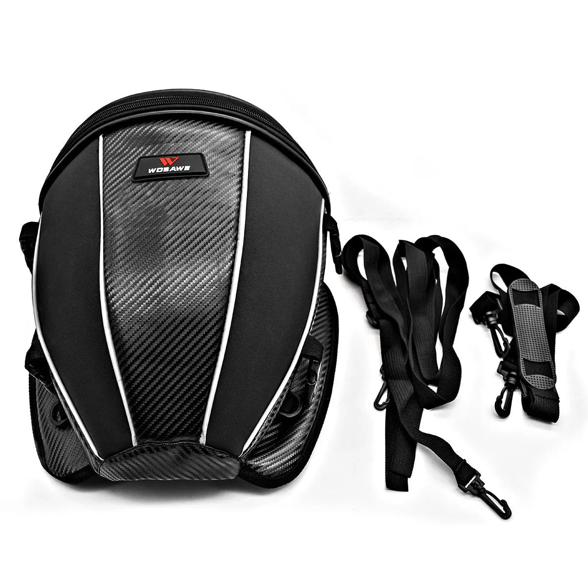 Black motorcycle waterproof crossbody bag with reflective strips and multiple pockets
