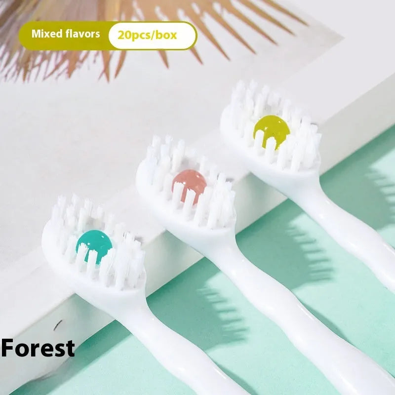 Box of 20 disposable bead toothbrushes with mint, peach, and green tea flavour options