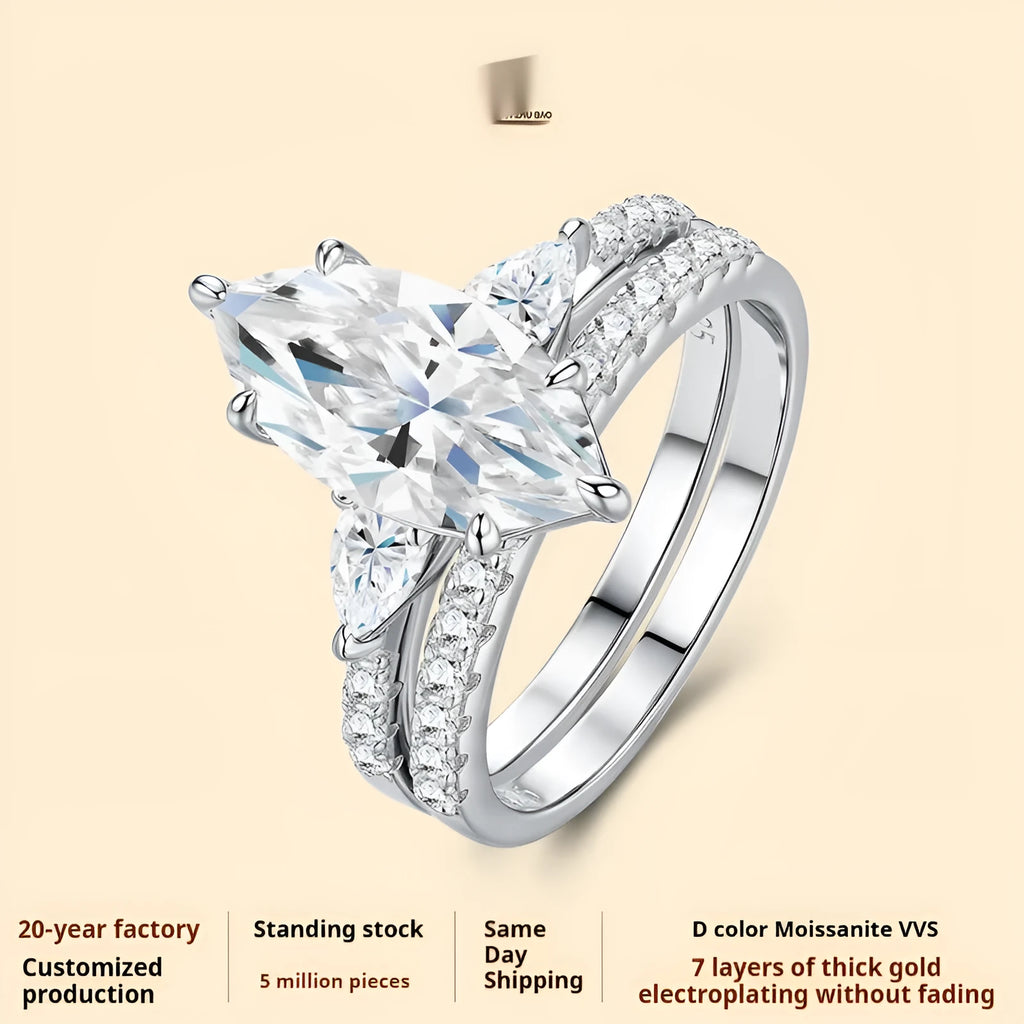 Silver moissanite ring with horse eye geometric inlay on white background