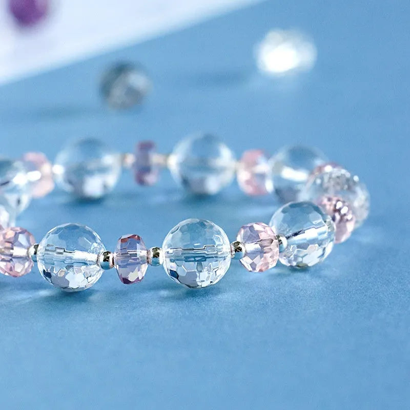 White crystal women's bracelet with diamond shapes and Lucky Cat charm in Korean style design