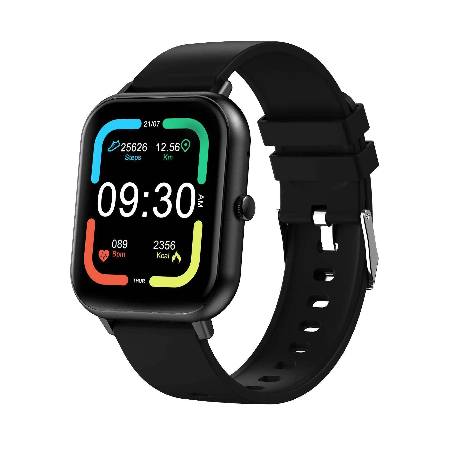 Bluetooth smart watch with heart rate monitor on wrist in black, silver grey, and pink colour options.