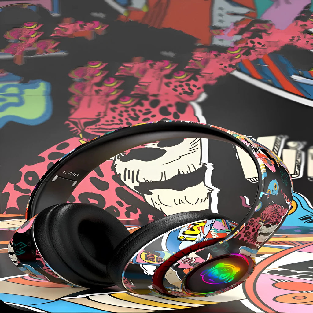 Black and white wireless Bluetooth headset with head-mounted design for sports and gaming.
