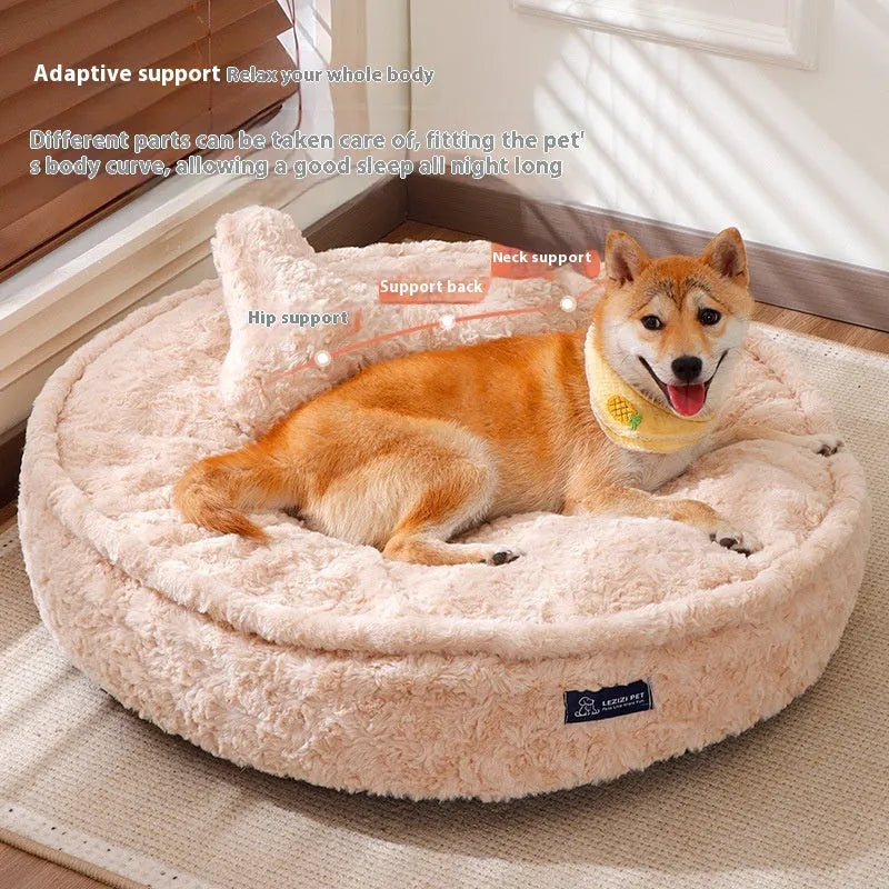 Round cloth pet bed in milk tea colour showing removable washable design for pet hygiene