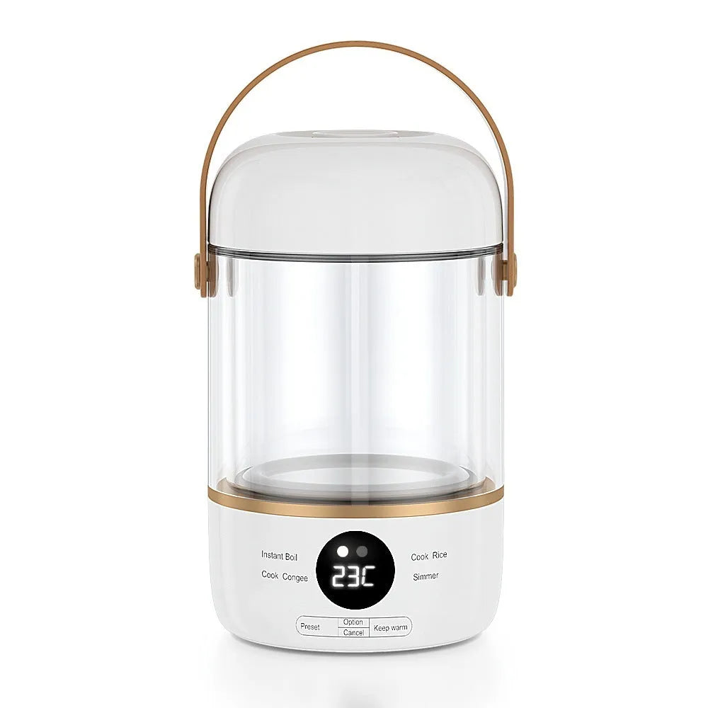 Personal portable electric stew cooker with glass liner in transparent or invisible version, capacity under 1 litre.