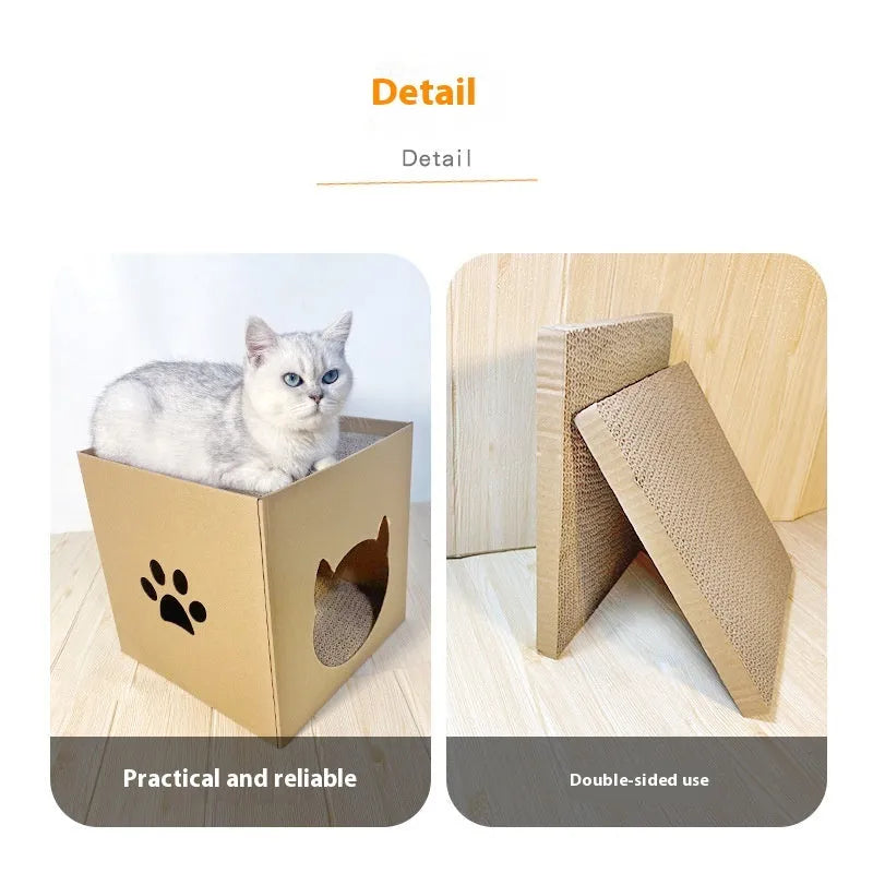 Vertical corrugated paper cat scratch board in pet milk carton design measuring 30cm cube