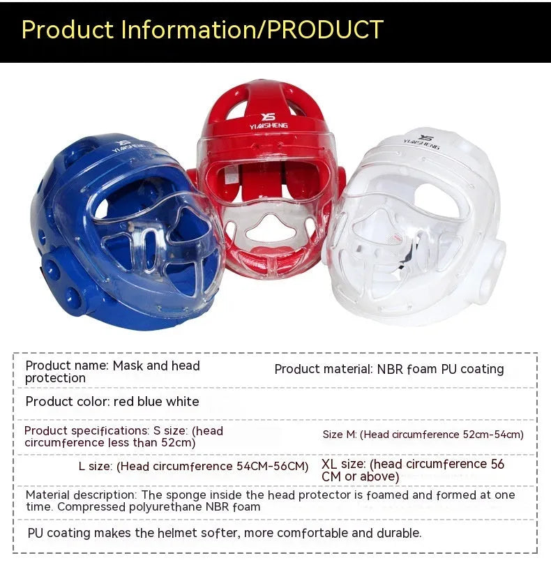 White, blue, and red karate helmet for boxing head protection, shown in S, M, L, XL sizes.