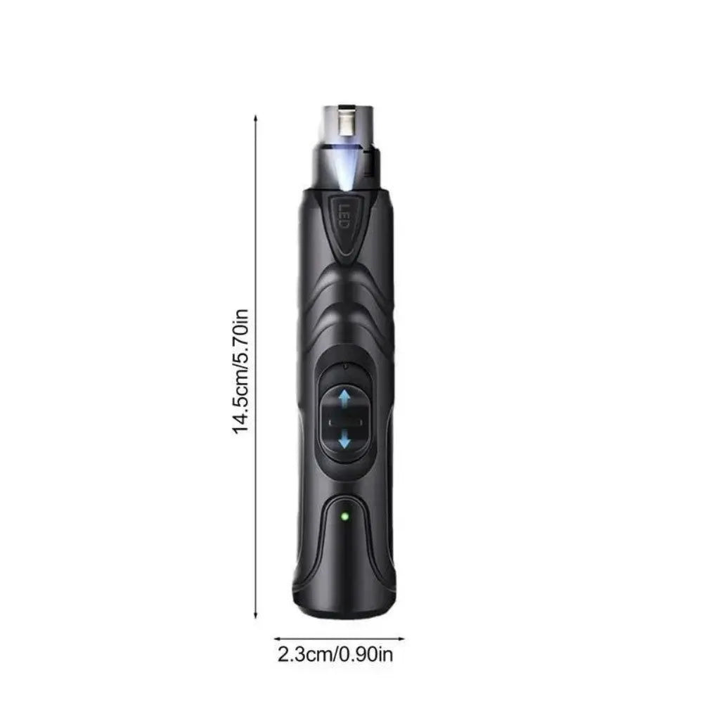 Black rechargeable dog nail grinder with LED light, shown with its 2-speed settings.