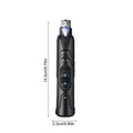 Black rechargeable dog nail grinder with LED light, shown with its 2-speed settings.