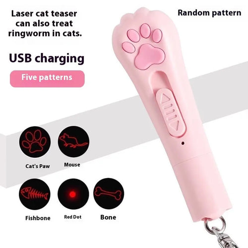 Rechargeable cat teaser toy with extended pole and feather, shown in sky blue colour.