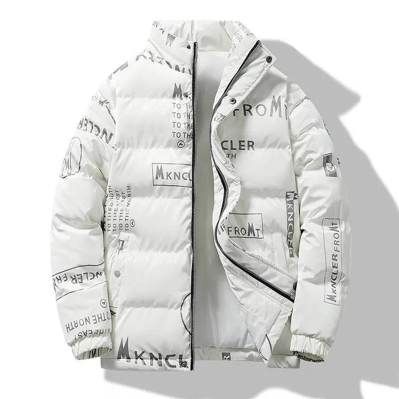 Men's printed winter coat in black with slit pockets