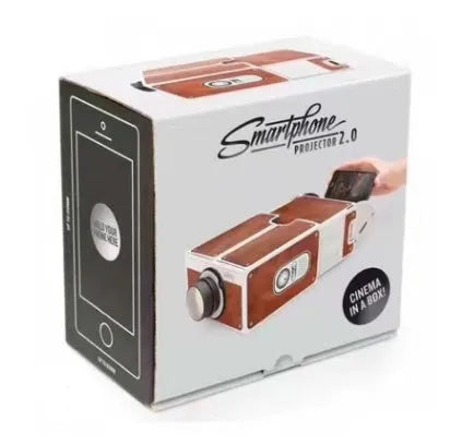 Portable DIY smartphone projector with zoom lens and smartphone insert slot, 8x magnification for home theatre use