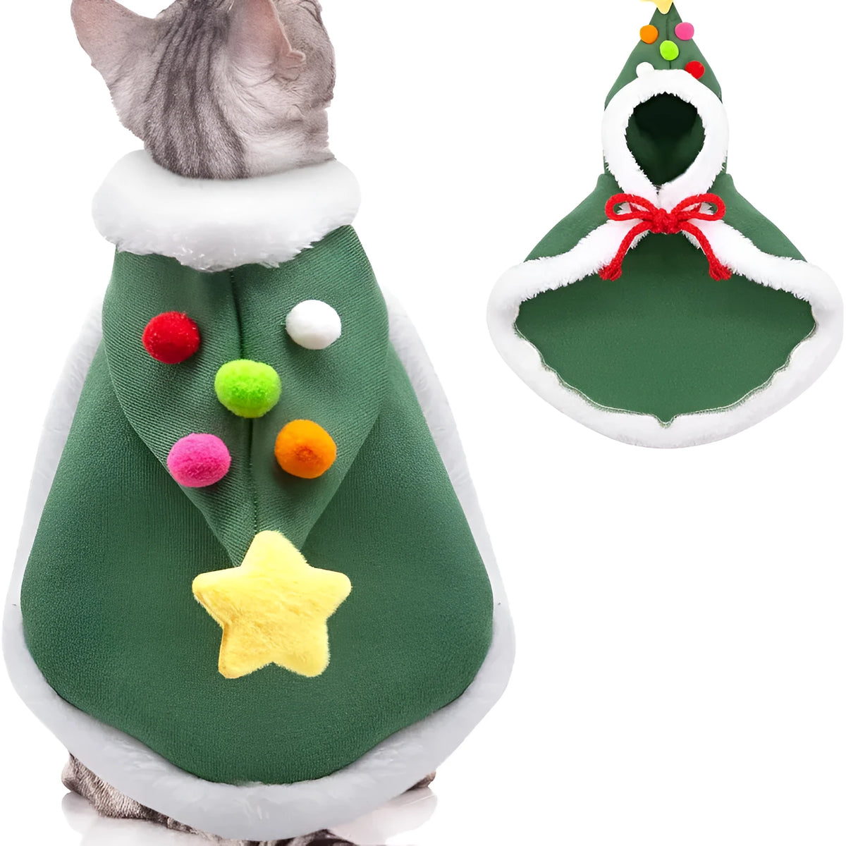 Cat wearing brown Christmas cape with velvet stars hat, S size, festive pet outfit