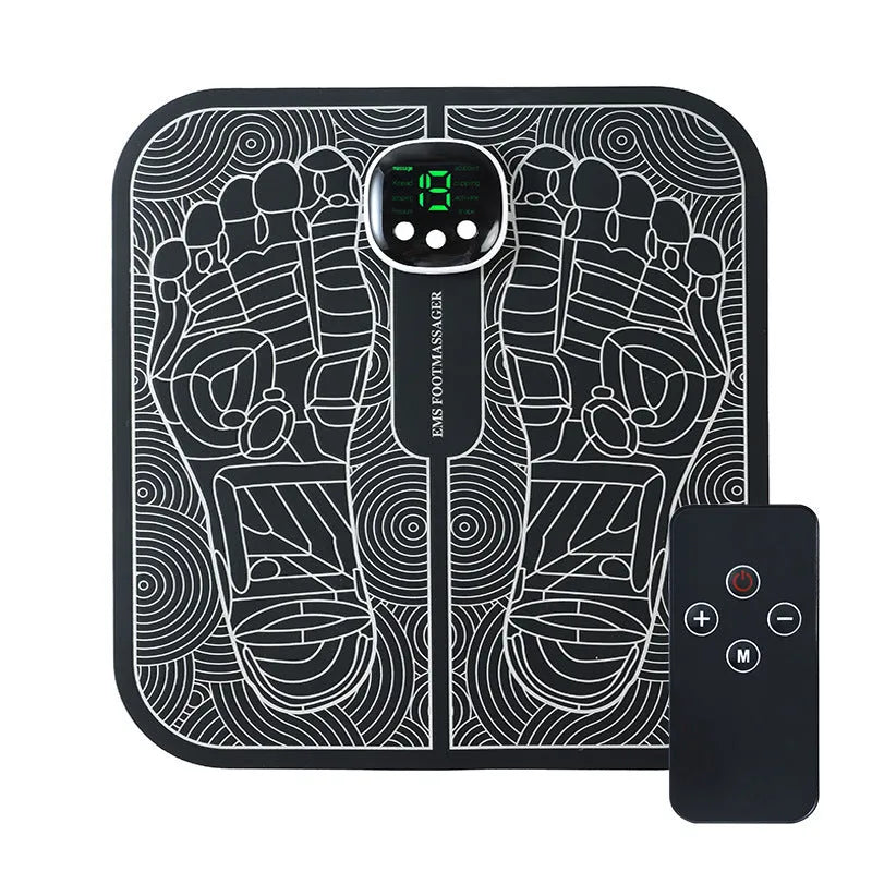 Blue USB rechargeable reflexology foot massager mat with push-button controls on colour box
