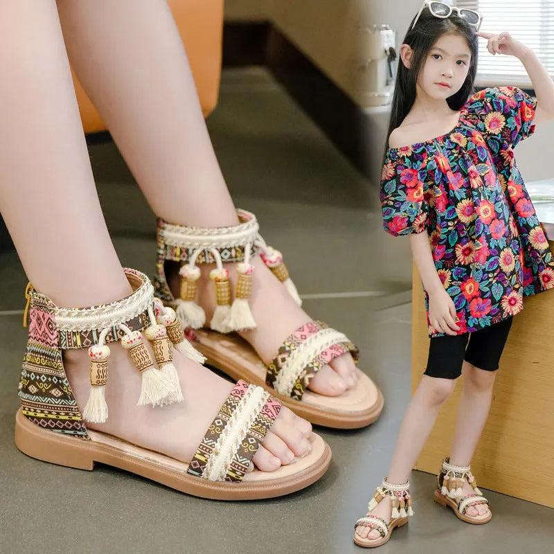 Children's Roman sandals with beaded detail, back zipper, cloth upper, black colour, retro style