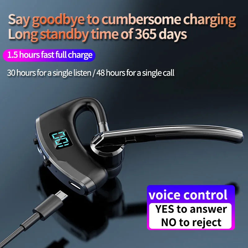 V8S Black voice control single-ear Bluetooth headset with digital display for car use