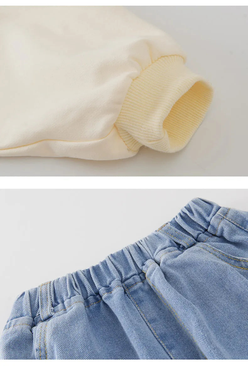 Girls' beer print top and jeans suit in white, long sleeves, Korean style, size 110-160cm