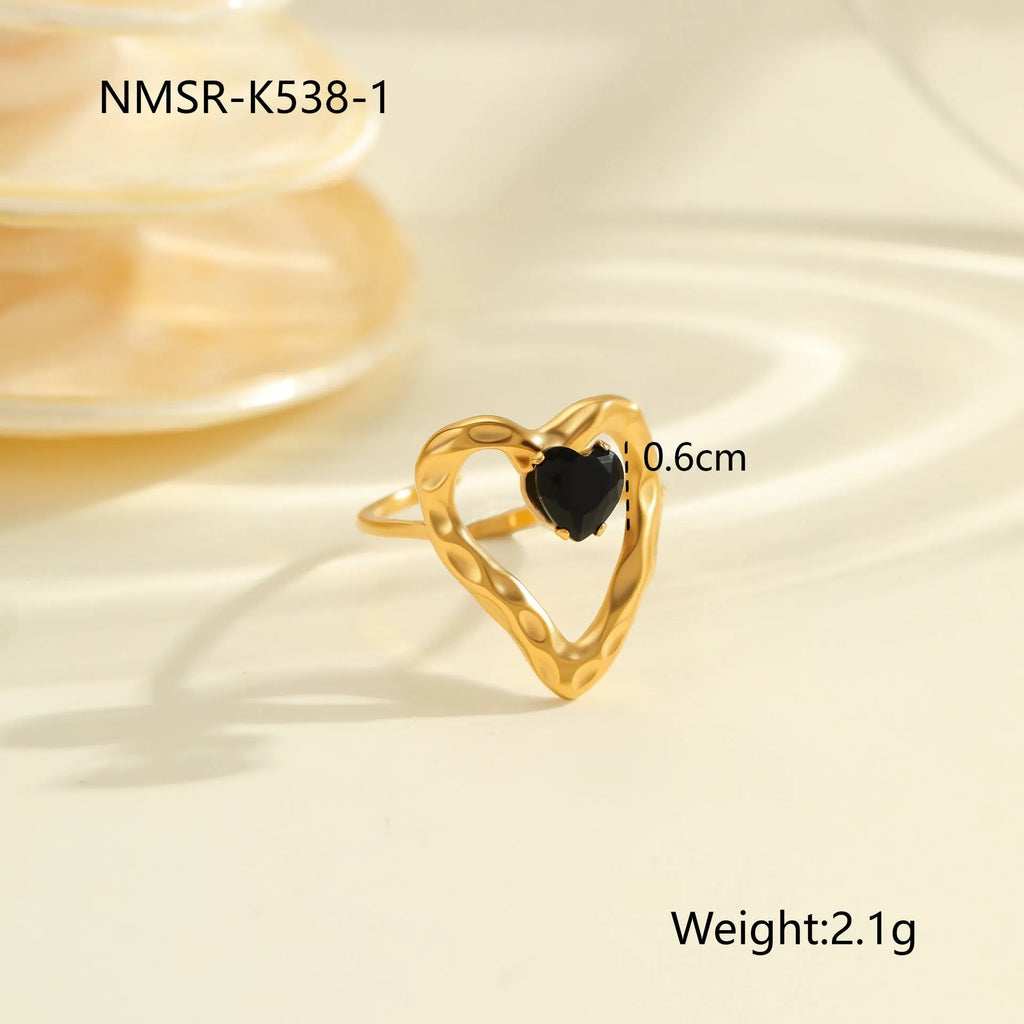 Adjustable open mouth titanium steel ring with geometric design and inlaid zircon accents