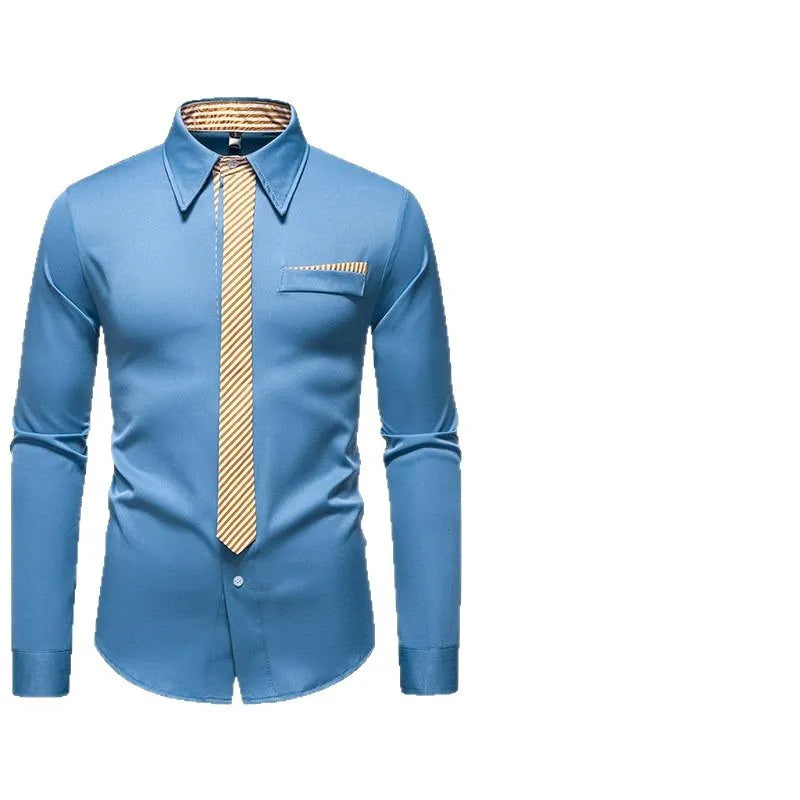 Men's long-sleeved polyester slim-fit cardigan style shirt in solid colour, front view