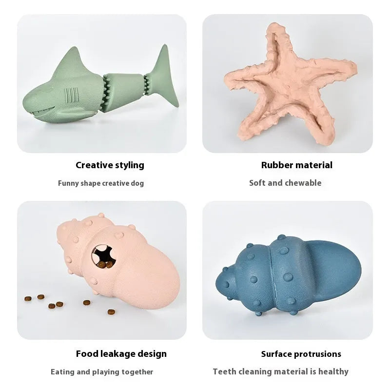 Deep sea shark rubber dog chew toy in marine blue and green colour variants.