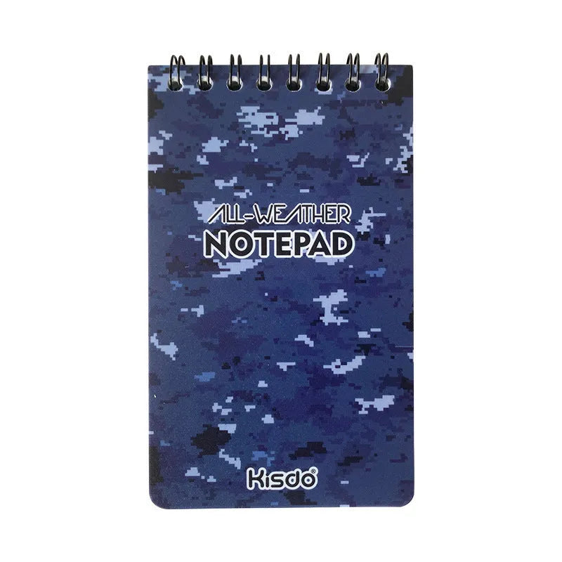 Waterproof spiral-bound office notepad in camouflage colour, showing PP cover and stone paper pages.