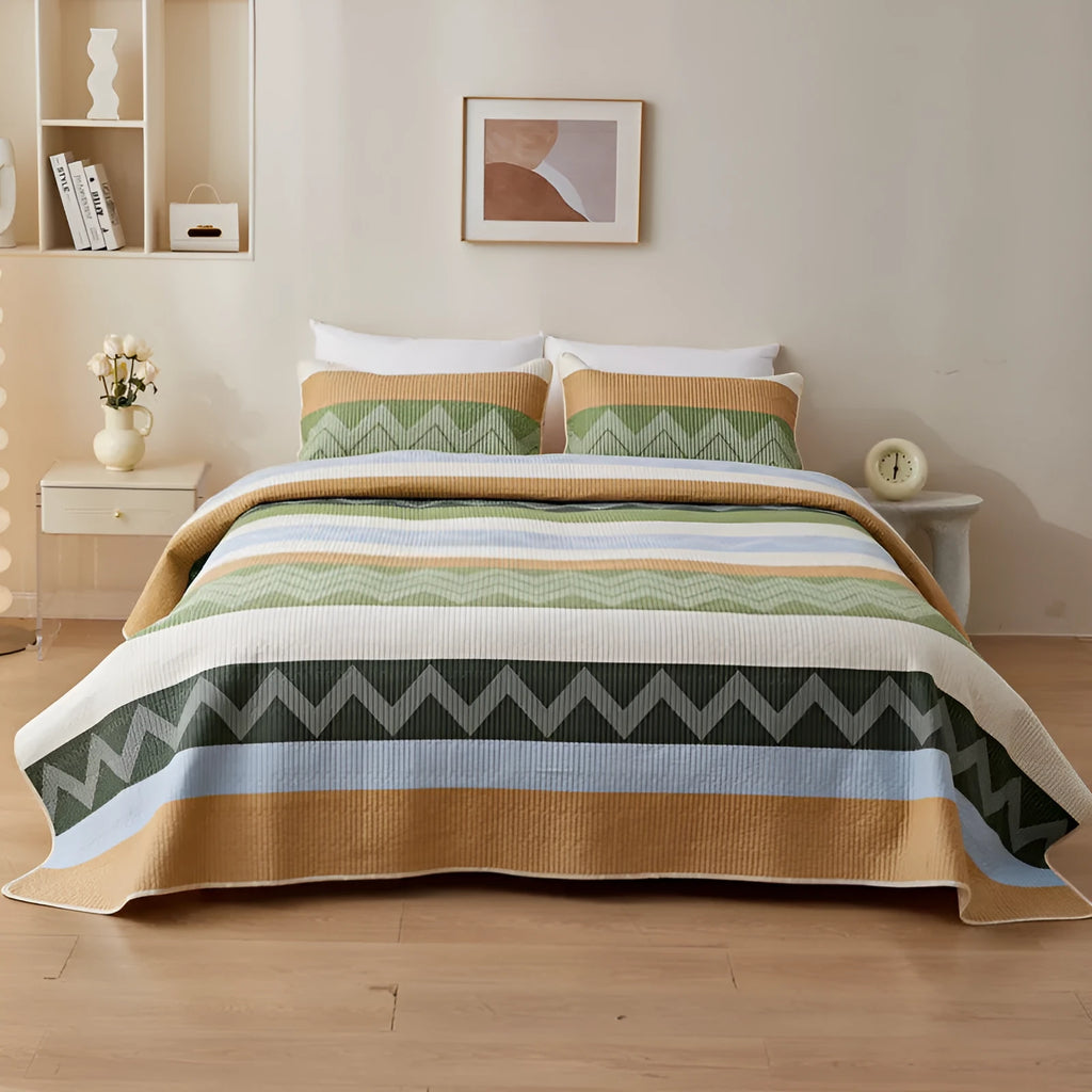 Pure cotton printed bed sheet set in a modern design, shown on a 2.2 metre bed.
