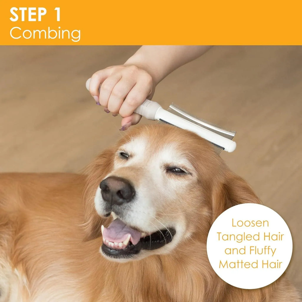 White double-sided dog and cat grooming brush with a curved comb and deshedding bristles on an ergonomic handle.