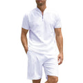 Men's solid colour polo shirt and trouser two-piece suit set in beaded bird's eye polyester fabric.