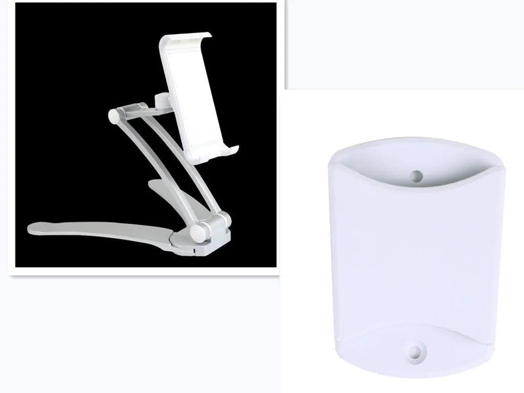 Silver aluminium alloy desktop tablet stand holding a tablet, showing its 360-degree rotation and adjustable chuck mechanism.