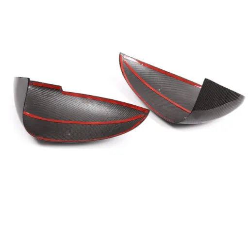 Black true carbon fibre rearview mirror covers for Porsche Macan with precise dimensional fit