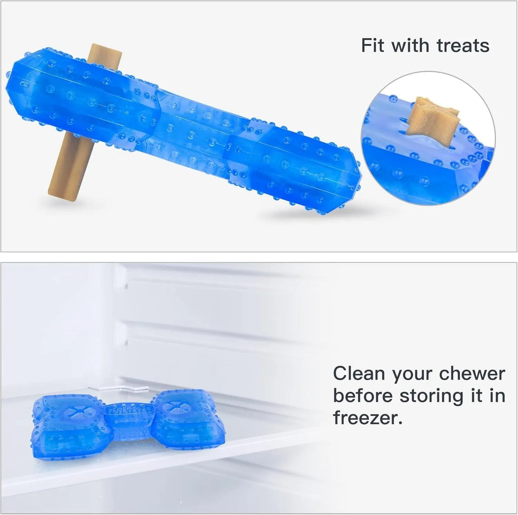 Freezable blue dog chew toy with textured surface and a cavity for treats.