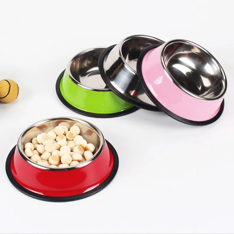 Stainless steel pet bowl inside colourful melamine pot with non-slip rubber base