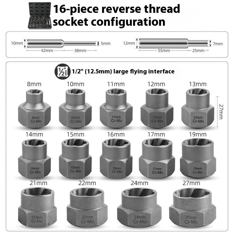33-piece reverse tooth sleeve screw extractor set in box with chrome molybdenum steel extractors and universal joint