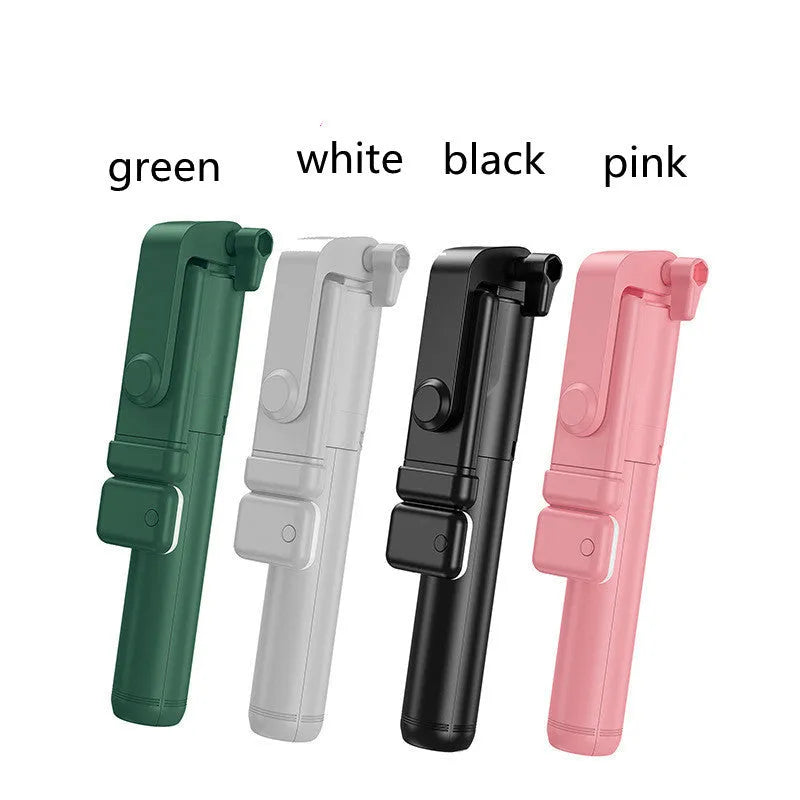 Black aluminium alloy Bluetooth selfie stick with extended tripod legs and a smartphone attached.