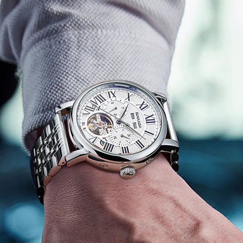 Men's automatic mechanical watch with steel bracelet and waterproof construction
