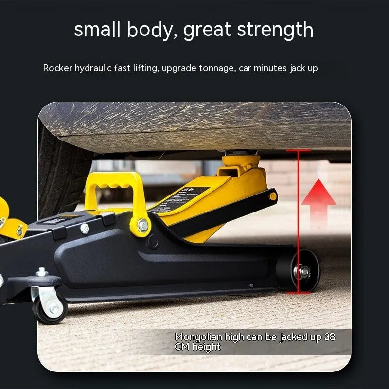 Horizontal hydraulic scissor car jack with handle for tyre changes, low profile design