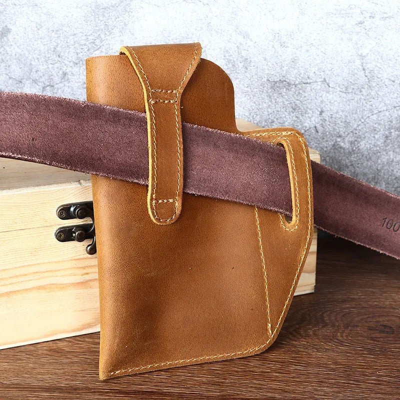 Men's brown leather hanging belt bag for a mobile phone with retro car suture detailing.