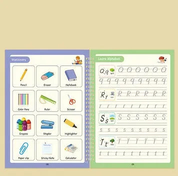 Children's English calligraphy practice set showing notched groove pen, ten refills, and double-sided practice cards