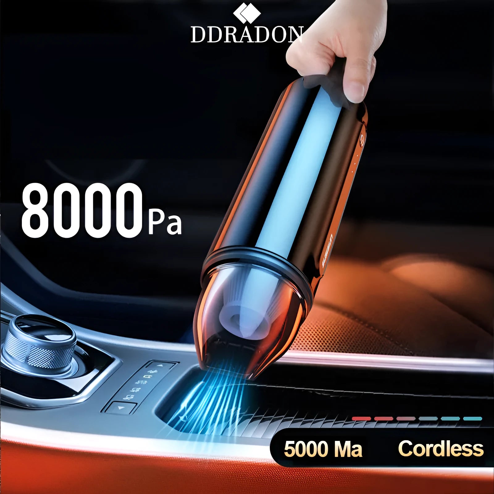 Wireless rechargeable car vacuum cleaner with 8000pa suction, ABS body, brush and long nozzle accessories