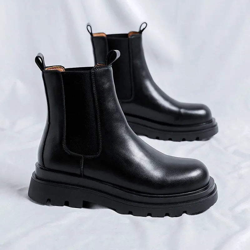 Chelsea men's high-top smoke pipe British Martin boots in Y666 Black with short stout heel and round toe