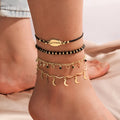 Women's gold tone alloy anklet set with hollow circles, shell beads, and black rice beads, four pieces