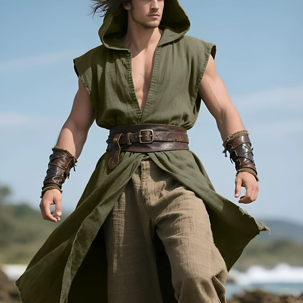 Cotton Renaissance short cloak for men in gray, front view, costume for Halloween and medieval events