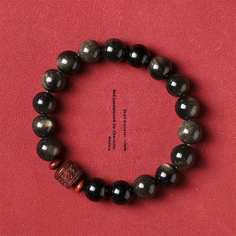 Close-up of a hand-woven Better Luck Beads bracelet with 10mm round Golden Obsidian beads in a retro style.